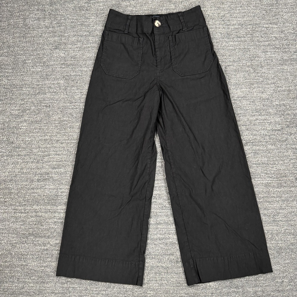 Maeve Pants Women 26P Black Linen Blend Patch Pocket The Colette Wide Leg Crop
